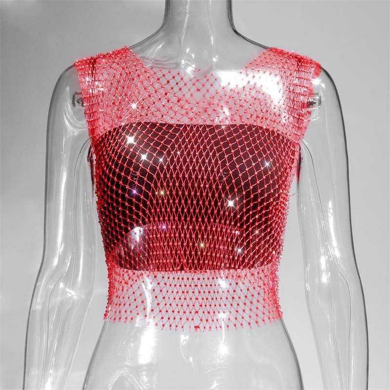Summer Rhinestones Backless Leqoel Sexy Mesh Fashion See Through Tank Hollow