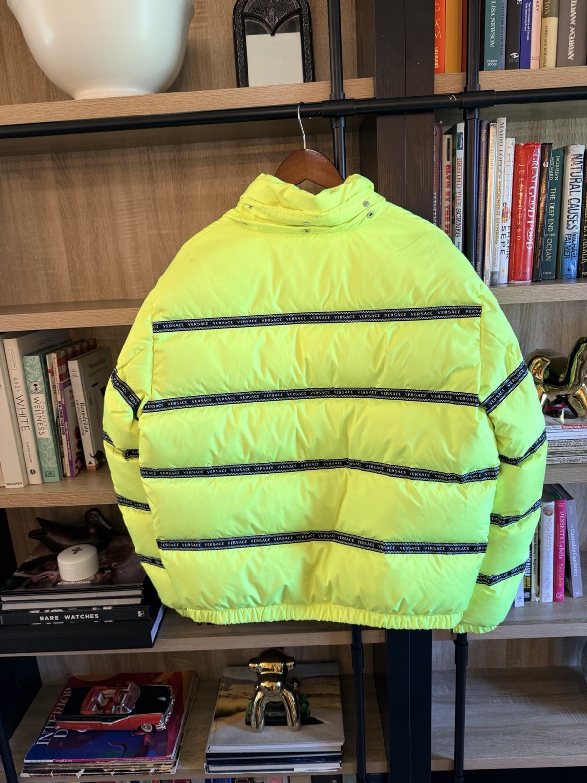 Versace Men’s Yellow Hooded Down Puffer Jacket Full Zip Logo Trim Size 52
