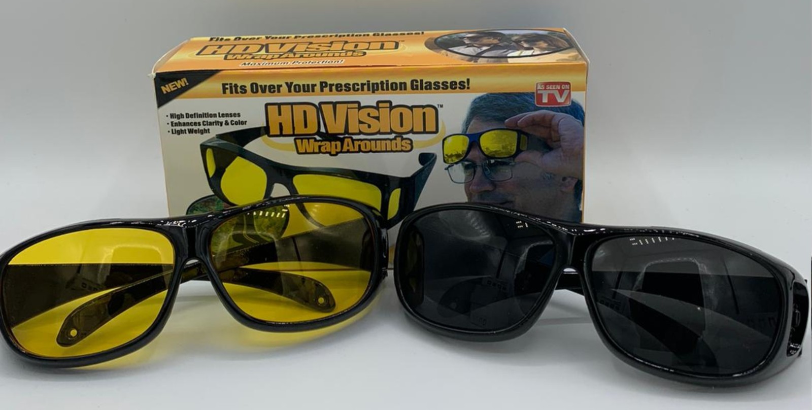 2 Pair set HD Night Vision Wraparound Fits OVER Glasses Sunglasses As Seen on TV