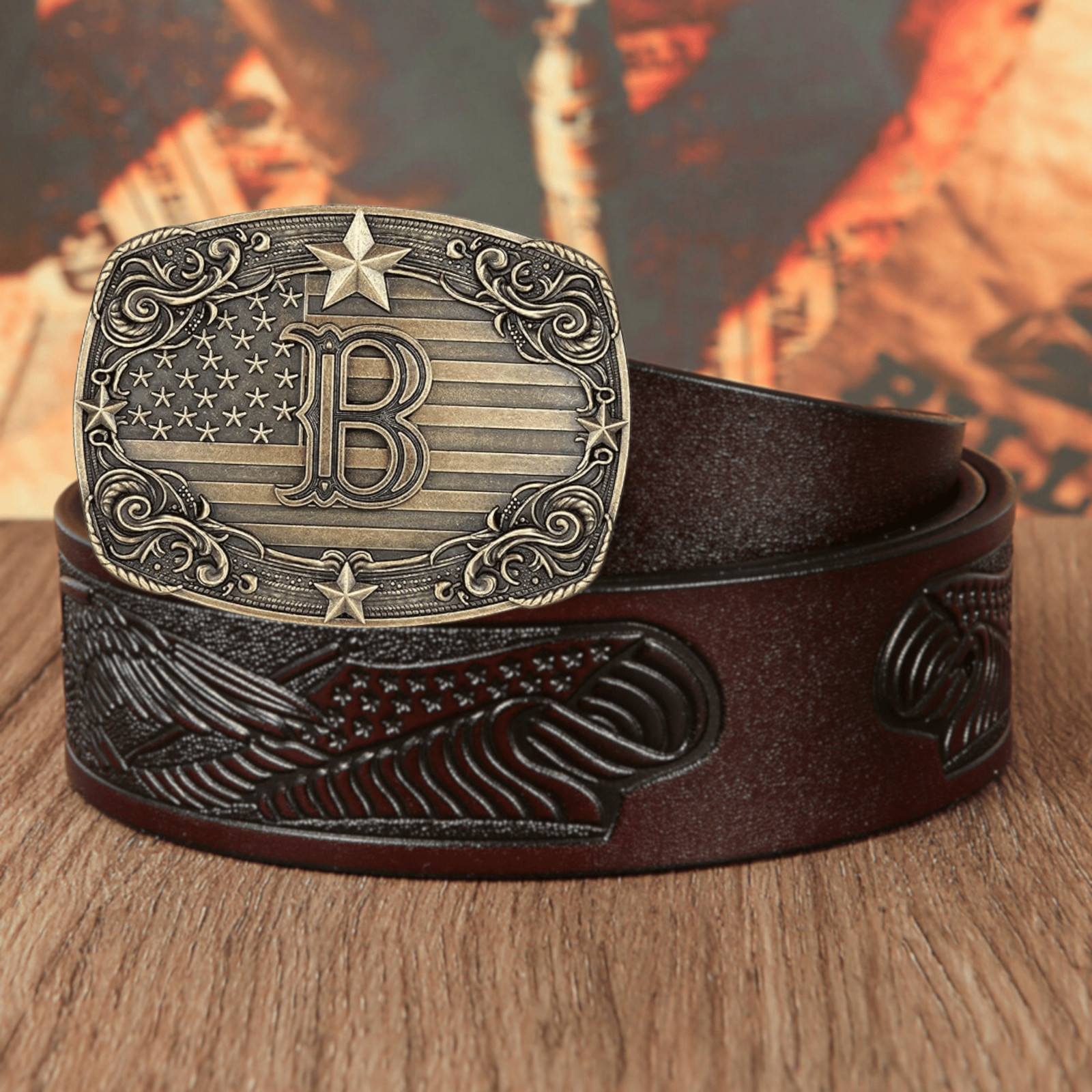 Western Belt Buckle Men Initial Letter ABCDJRM to Z Rodeo Cowboy American Flag