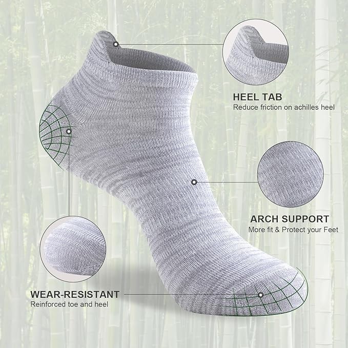 Mens Bamboo Ankle Socks with Heel Tab Low Cut Thin Athletic Performance 6 pairs