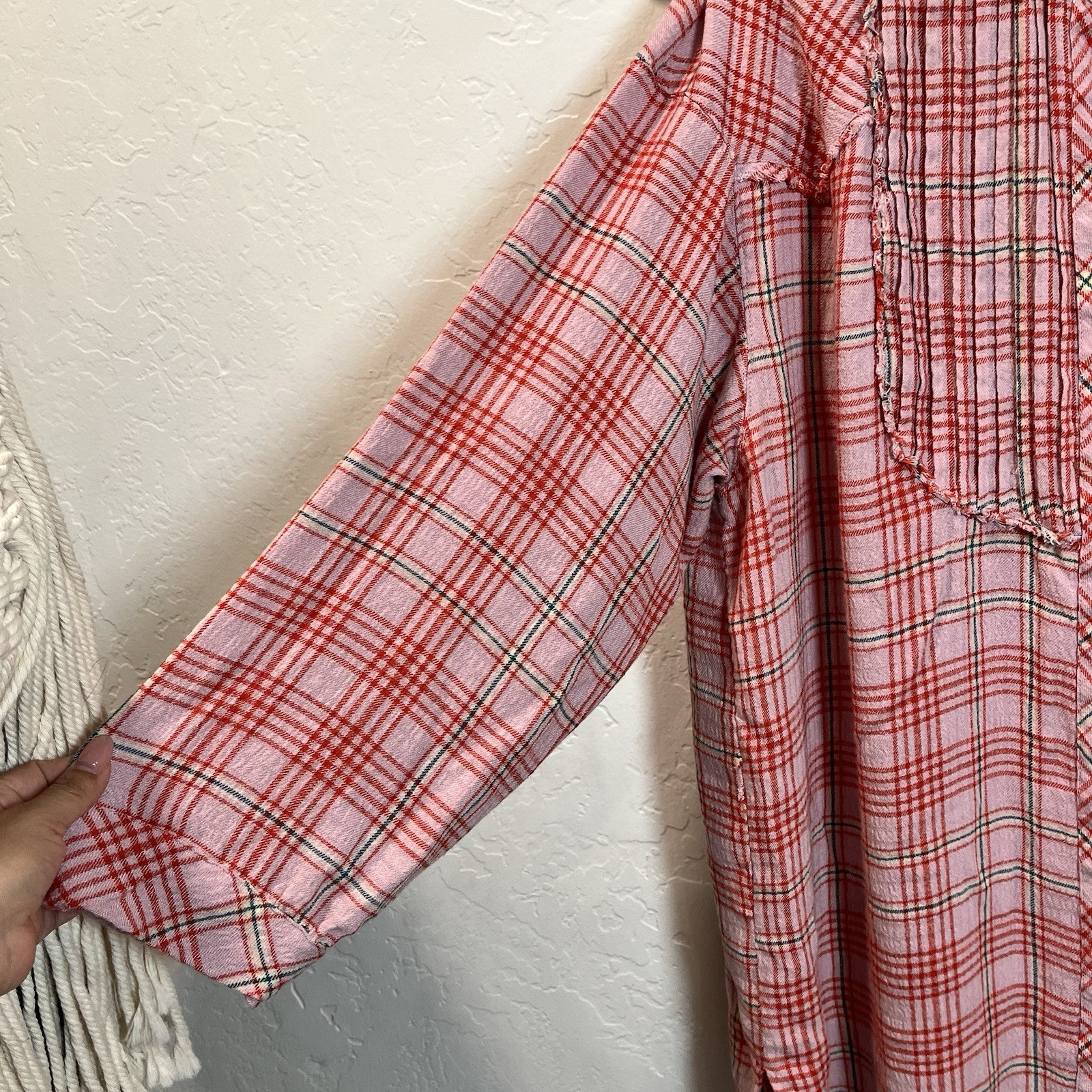 Free People Intimately On Repeat Pink Plaid Tunic Sleep Shirt Dress Large Flaw