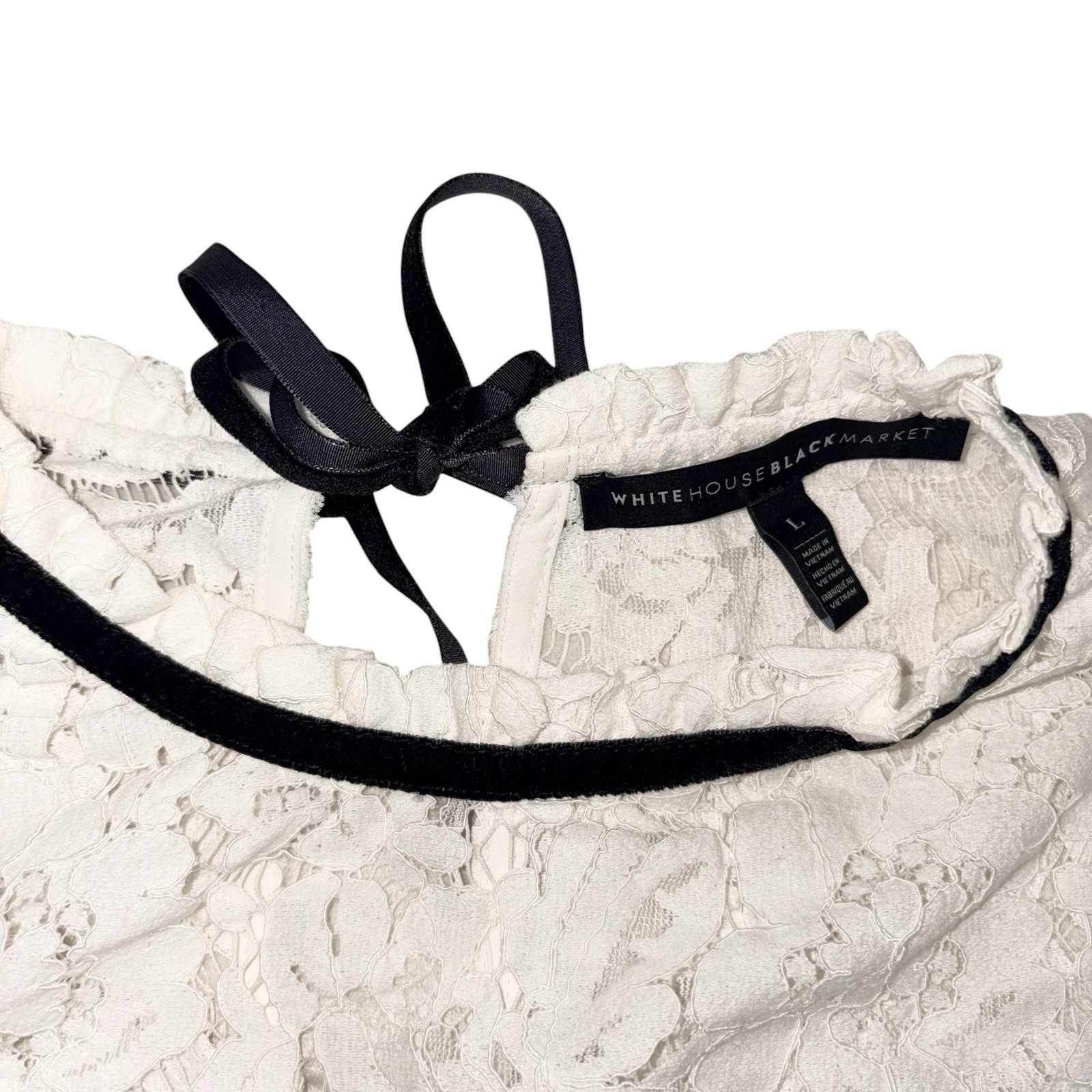 White House black market Lace Mock Up Neck Top with Black Trim – size Large