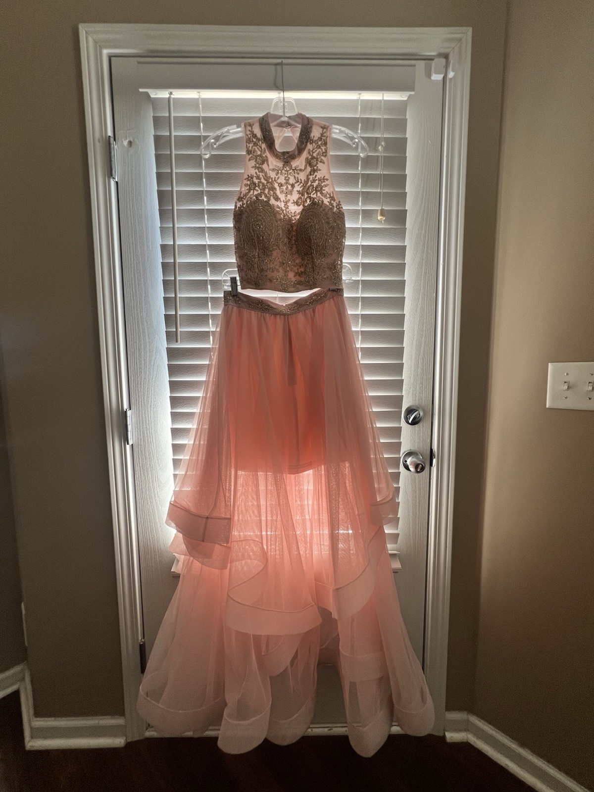 Gold Embroidered Sleeveless High Neck Top & Pink Layered Tulle Long Formal Dress