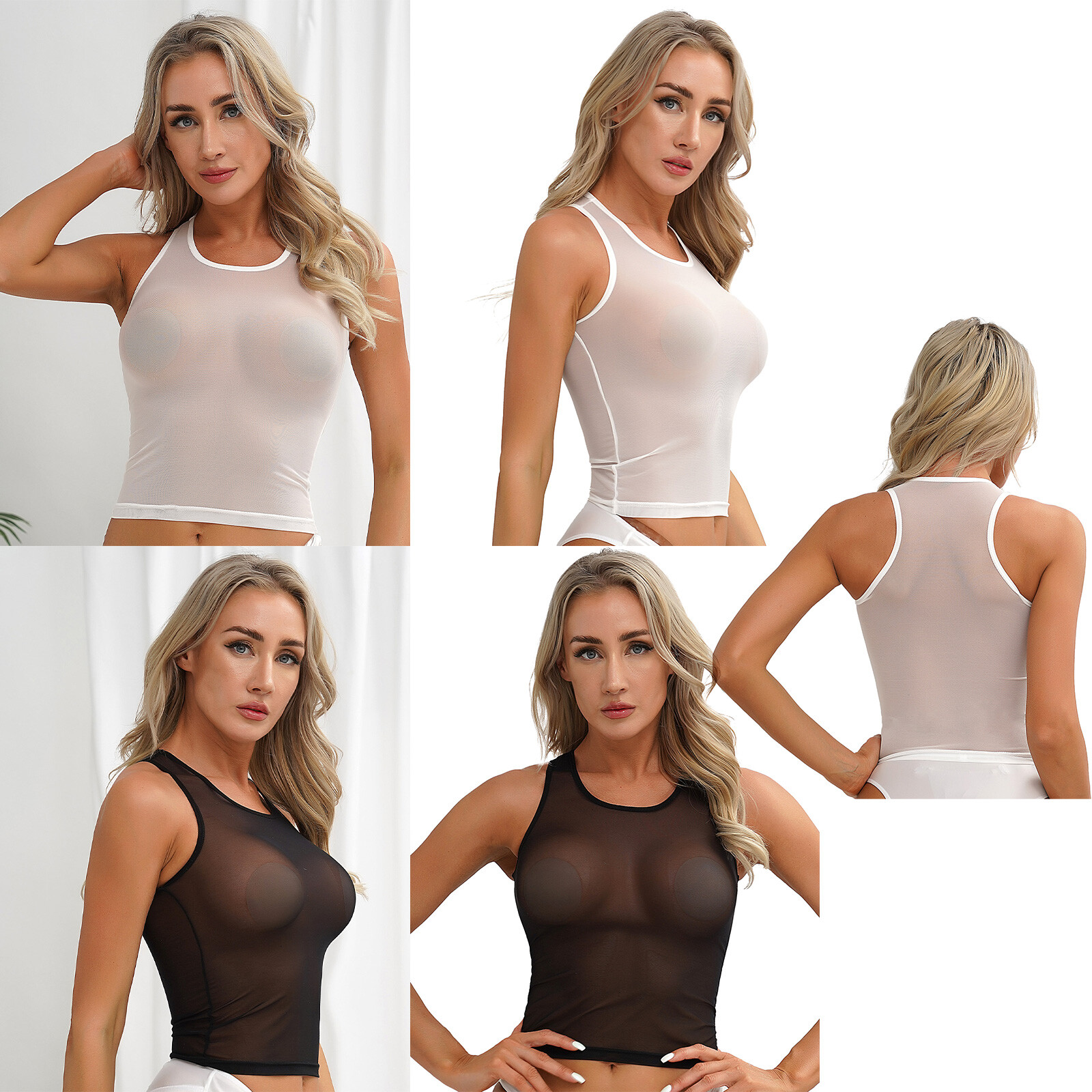 US Women Mesh Tank Top Vest Sleeveless See Through T-shirt Vest U-Neck Crop Tops