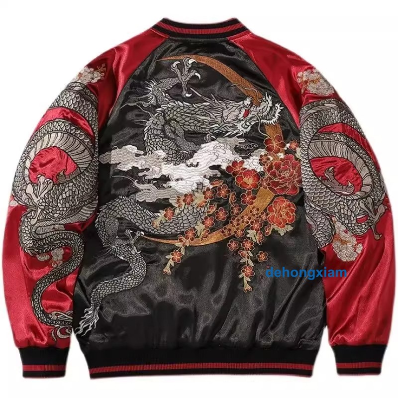 New Mens Bomber Japanese Pattern Embroidery Dragon Tattoo Sukajan Fashion Jacket