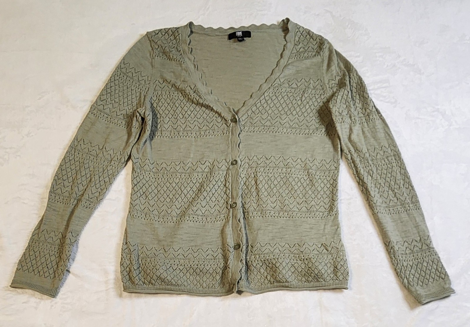Frye Button Up Pointelle Scalloped Neckline Cardigan, Green, Size Medium