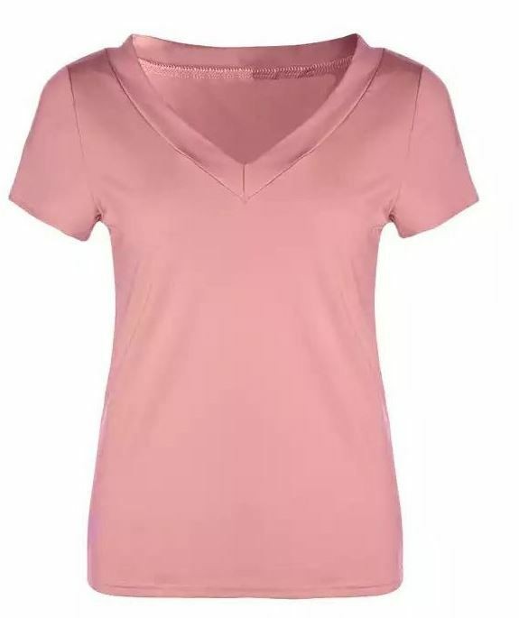 Women’s Deep V-Neck Sexy Fitted Cotton Short Sleeve Stretch Basic Tee Shirt Top