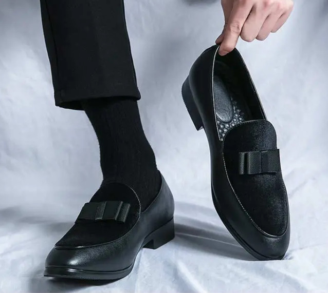Men’s Velvet Splicing Color Block Bowknot Loafers Dress Shoes Wedding Oversize