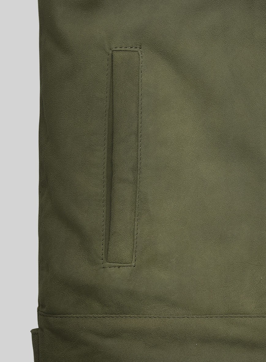 Mens Olive Green Suede Leather Jacket Casual Slim Fit Button Up Trucker Coat New
