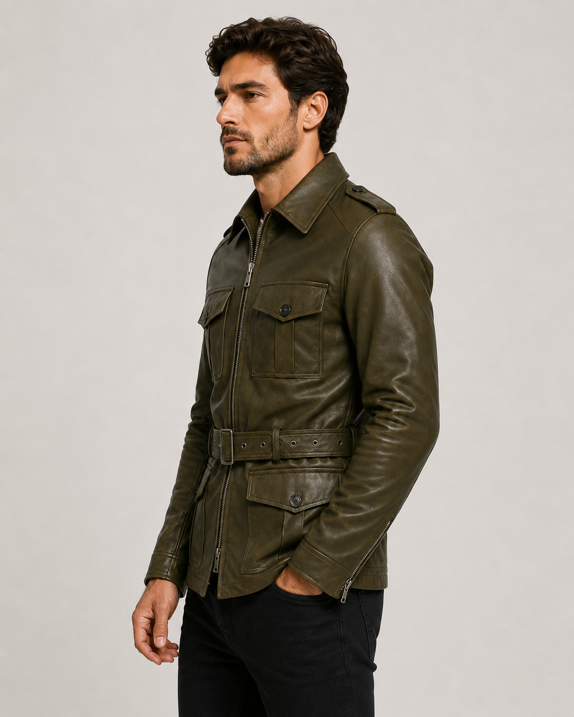 Men’s Olive Leather – Field Jacket Belted Military Style – Utility Coat – Zip Up