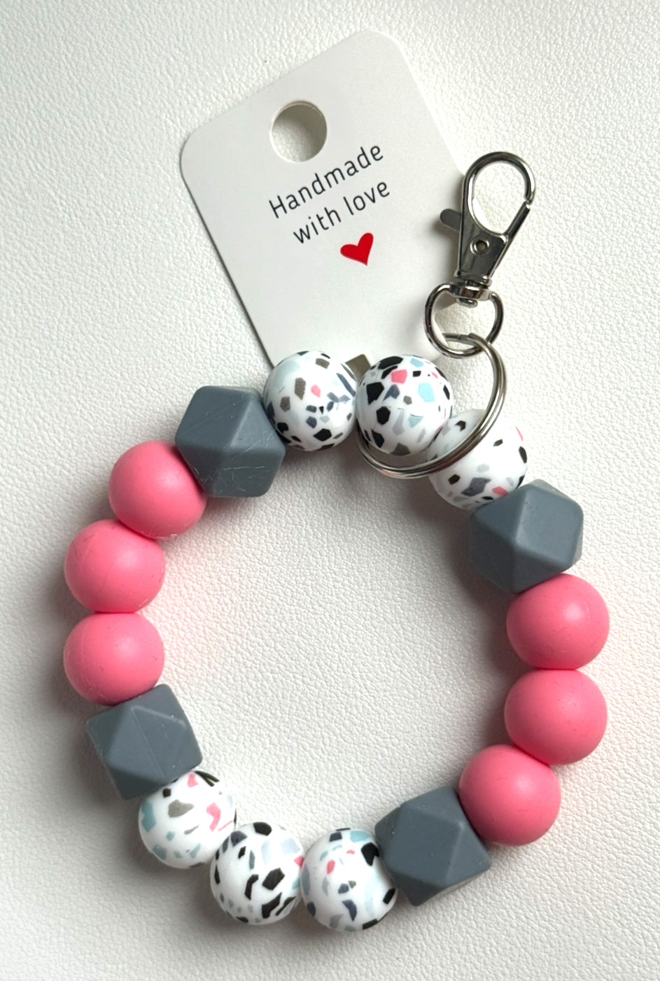 Silicone Beaded Keychain Wristlet Bracelet Pink Confetti