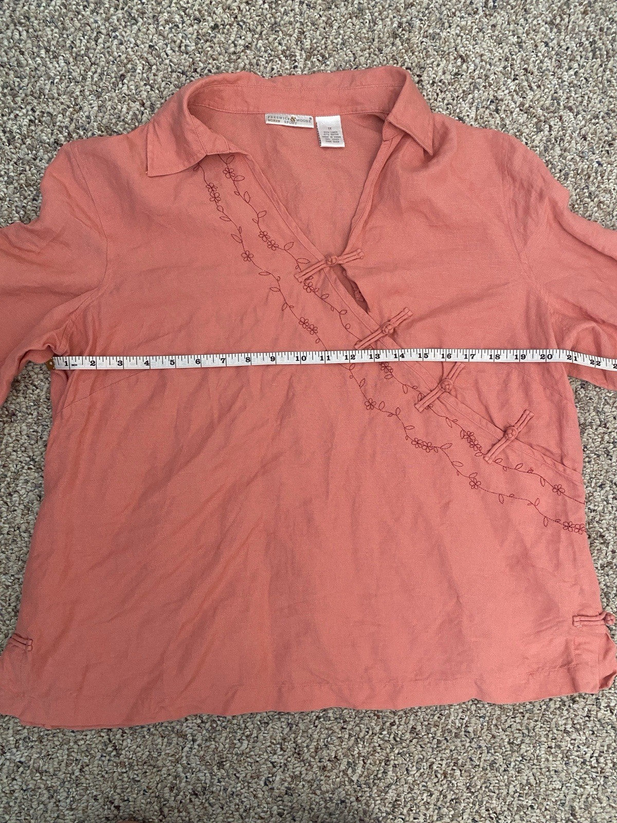 Preswick & Moore Pink Embroidered Linen Rayon Collared 3/4 Sleeve Blouse 1X