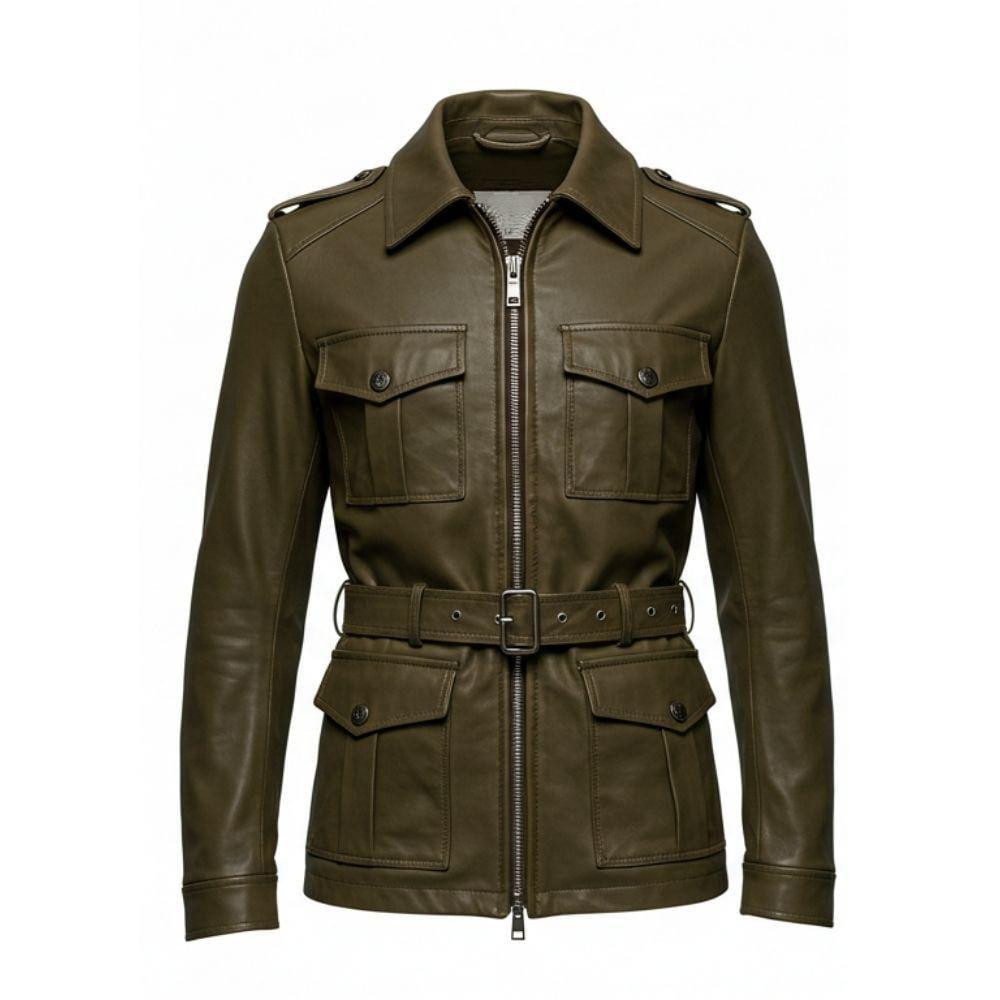 Men’s Olive Leather – Field Jacket Belted Military Style – Utility Coat – Zip Up