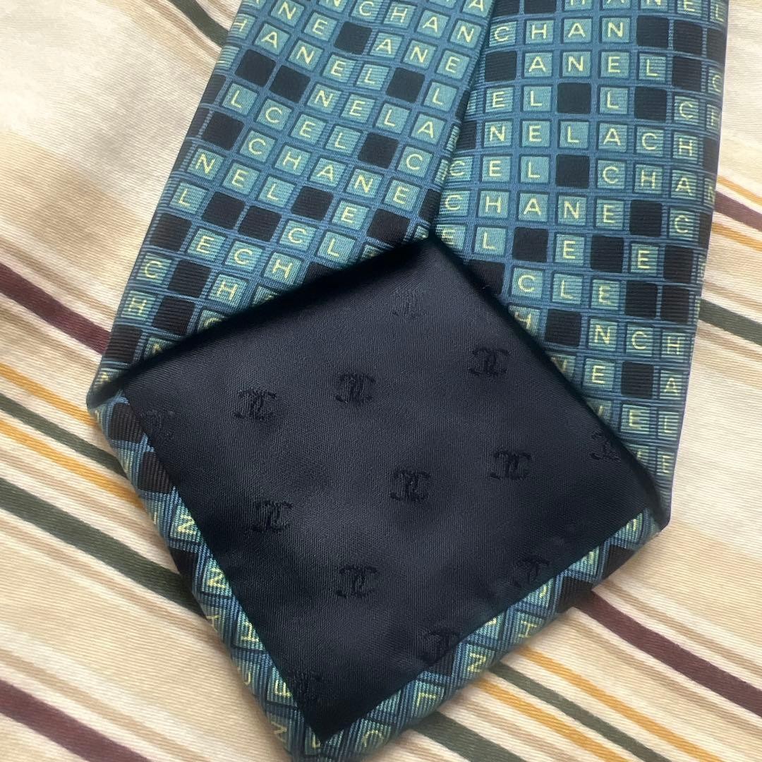 CHANEL Silk Logo Block Pattern Tie Green Black 9.7cm Width Good Condition