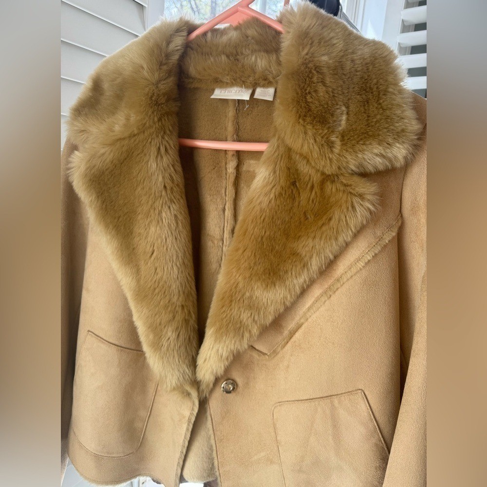 NWOT Chicos Faux Suede and Shearling Fur Collar Penny Lane Camel Coat Size Small
