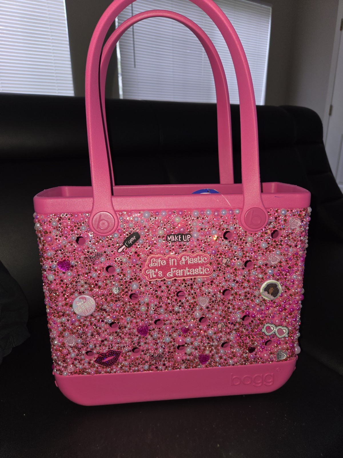 Bogg Bag Large Pink Tote Barbie Beaded Crystal Applique Pouch Inner Pockets