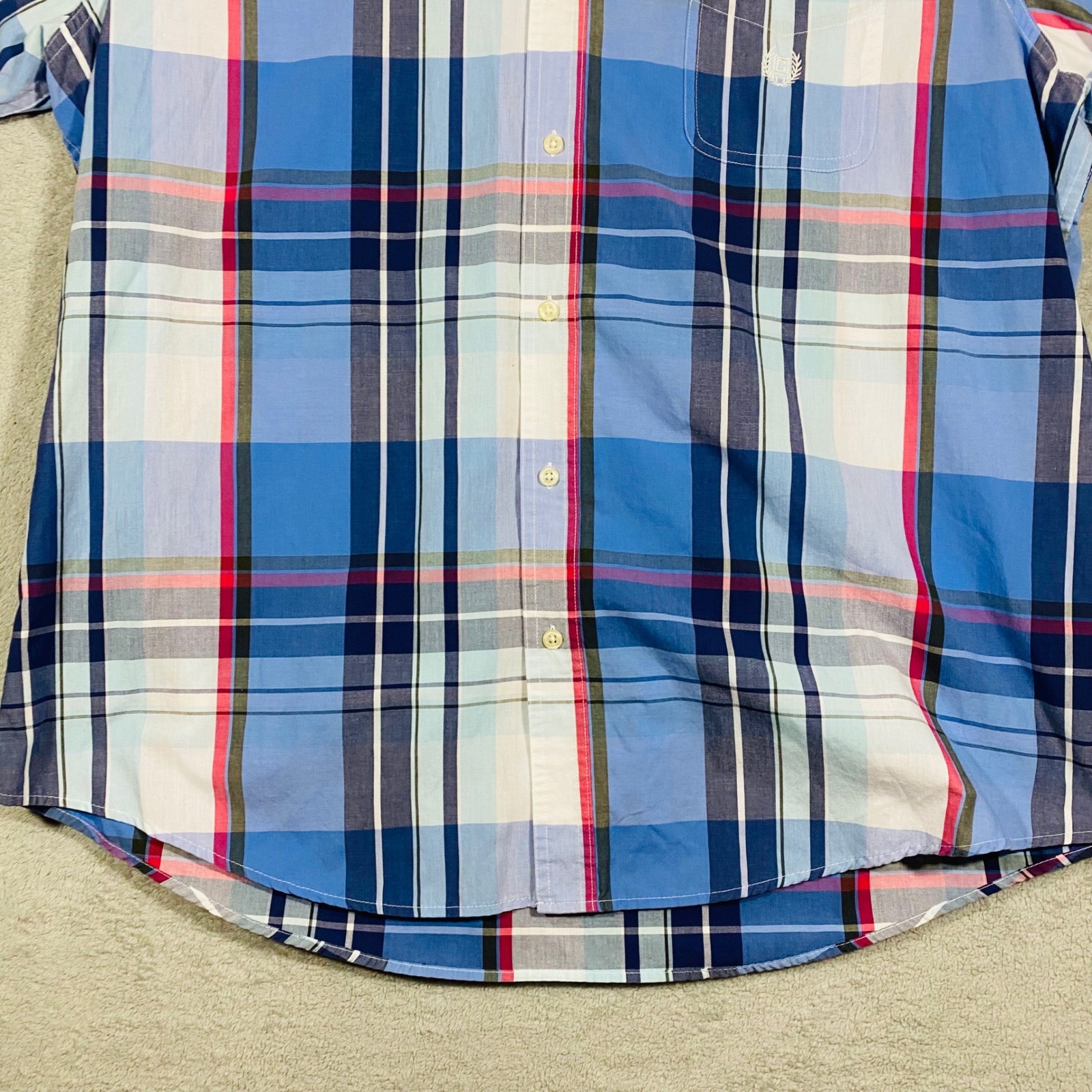 Chaps Button Down Shirt Mens XXL Blue Pink Plaid Short Sleeve Easy Care