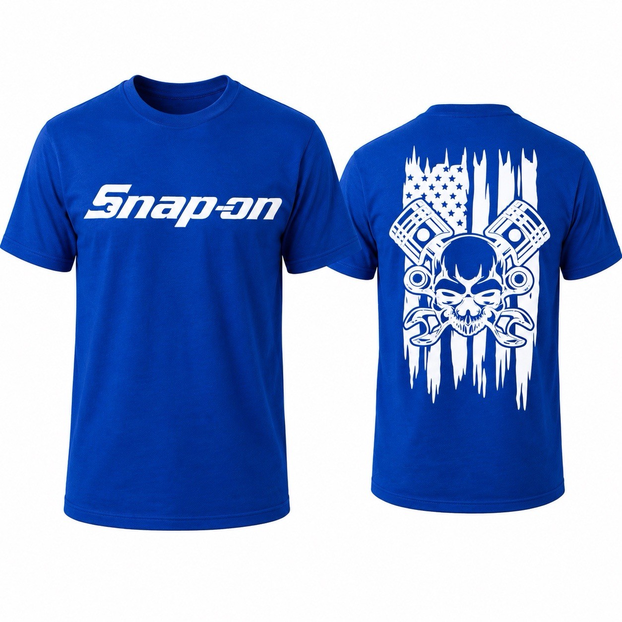 Snap-on Mechanic Skull Flag T-Shirt Front & Back Print Cotton Tee S-3XL