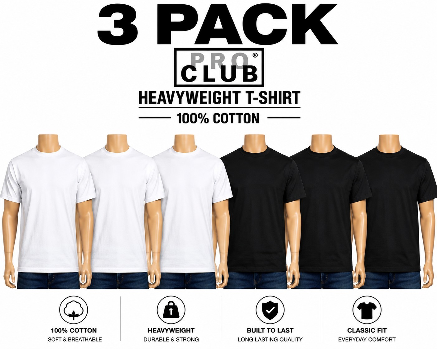 3 PRO CLUB T SHIRT HEAVYWEIGHT SHORT SLEEVE PLAIN 100% COTTON Black Or White
