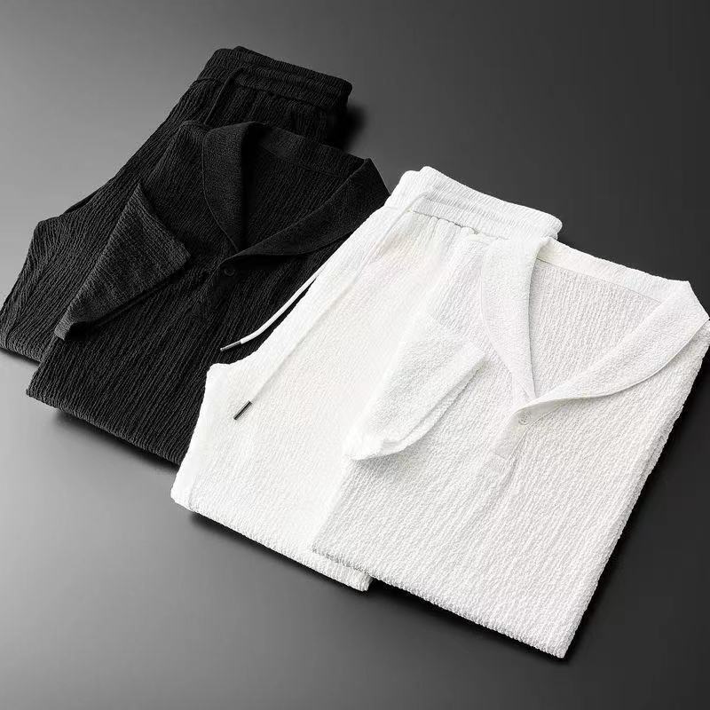 Men’s Spring Summer Short Sleeve Casual Suit Slim Two-piece Set Drawstring Pants