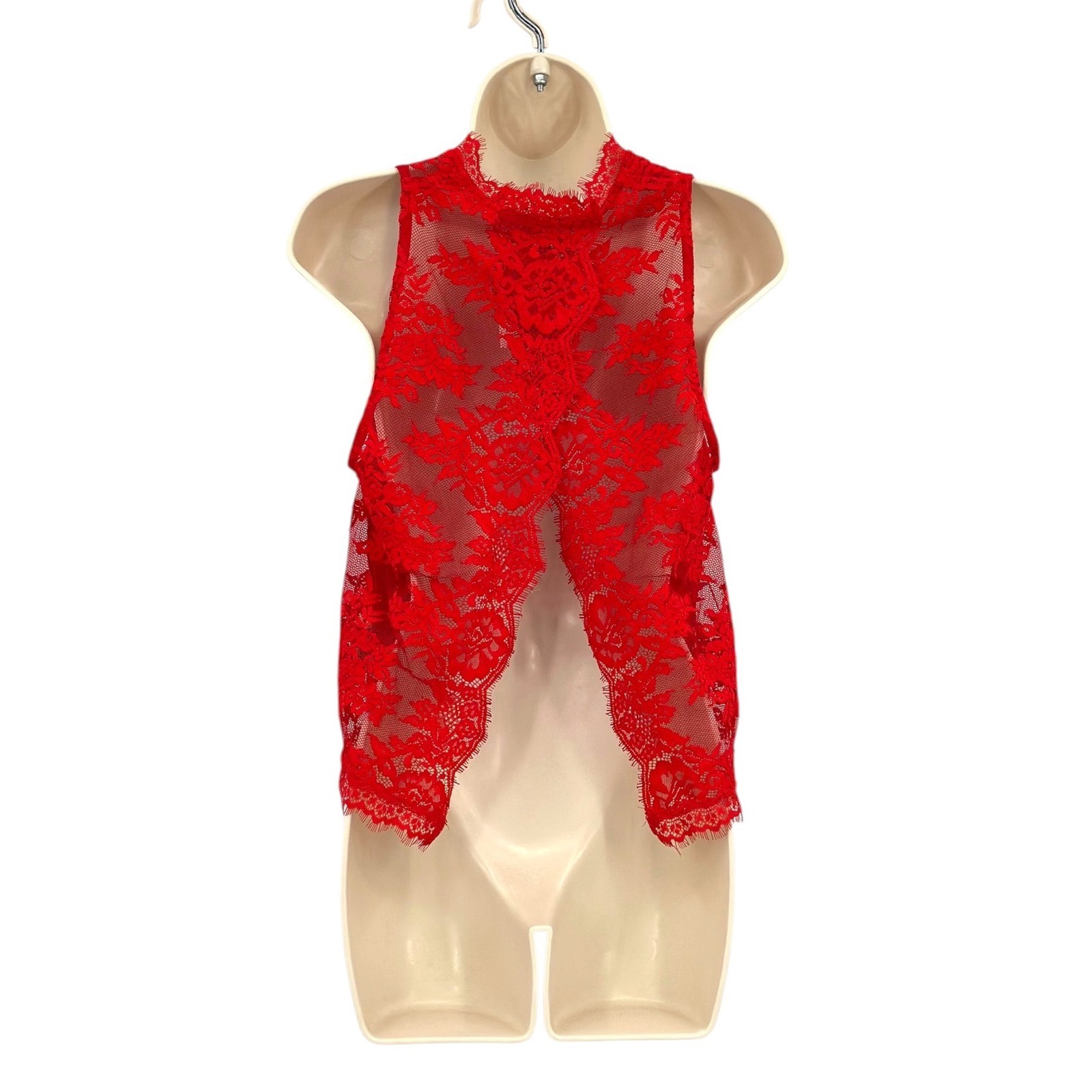 Free People Red Lace Sleeveless Top Women’s Small Split Back Mock Neck NEW