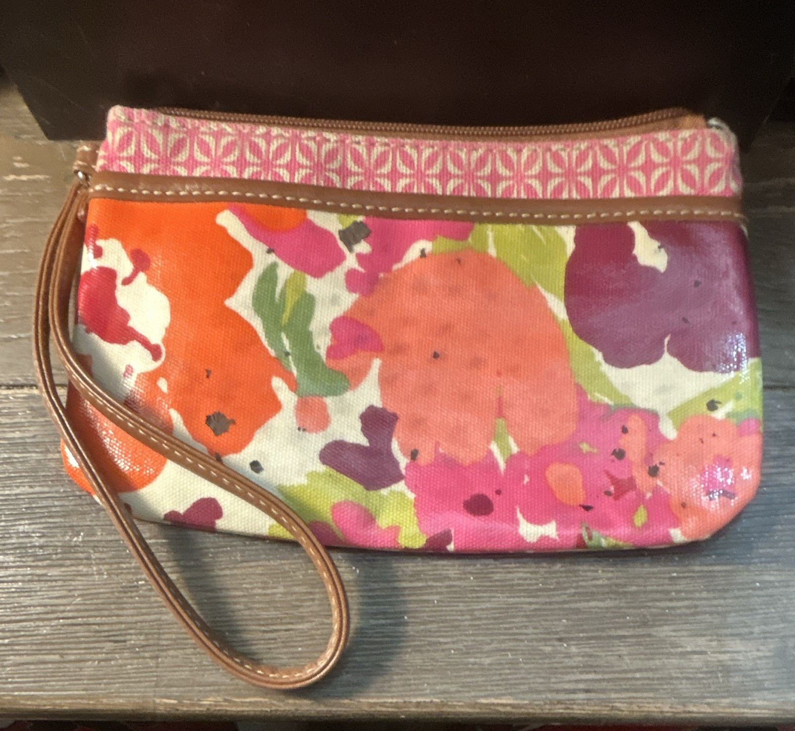 Floral Multicolor Oil Cloth Coated Zip Wristlet Clutch