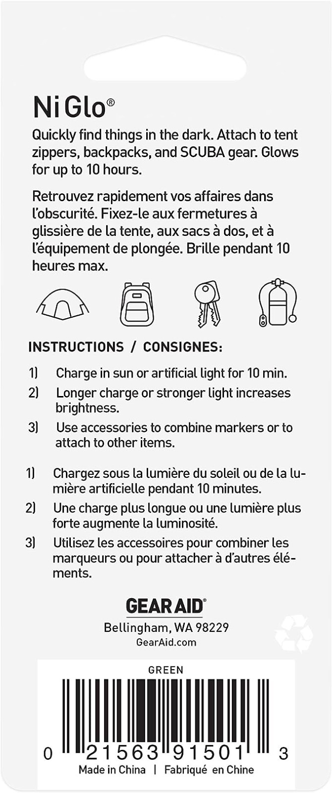 Gear Aid Ni Glo Glow-in-the-Dark Gear Marker Keychain Solar Light Source Camping