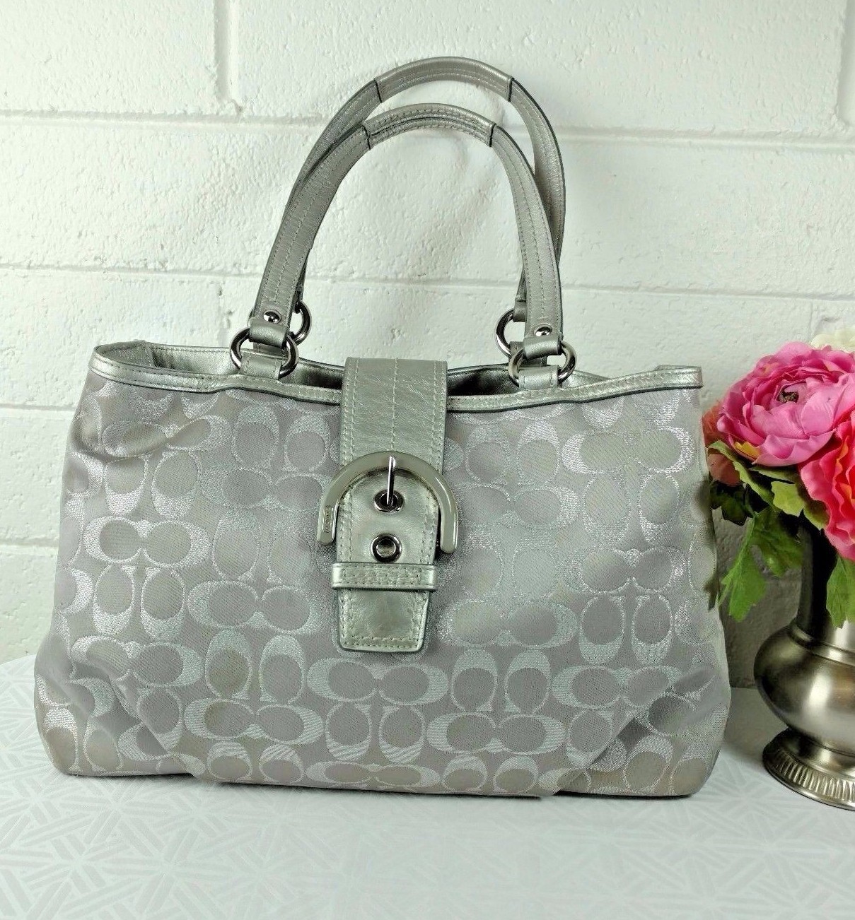 COACH TOTE SILVER SIGNATURE C JACQUARD/ LEATHER No. F18912 SATCHEL HANDBAG