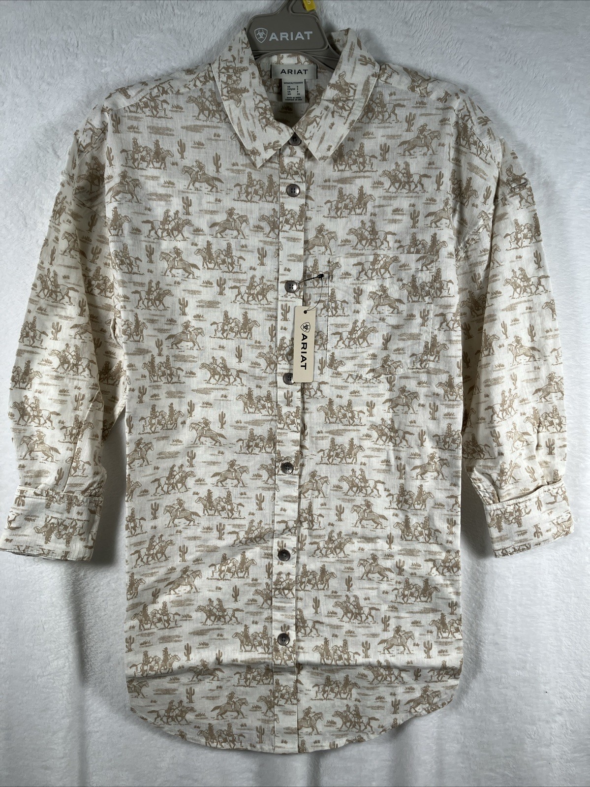 Ariat Horse Print Shirt Womens Small Western Linen Blend Button Up Layering NWT