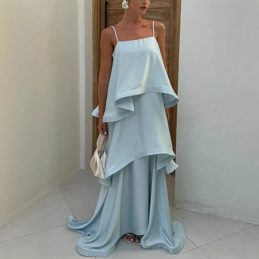 NEW Satin Wide-leg Strap Multi-layered Holiday Dress Sizes S-XL
