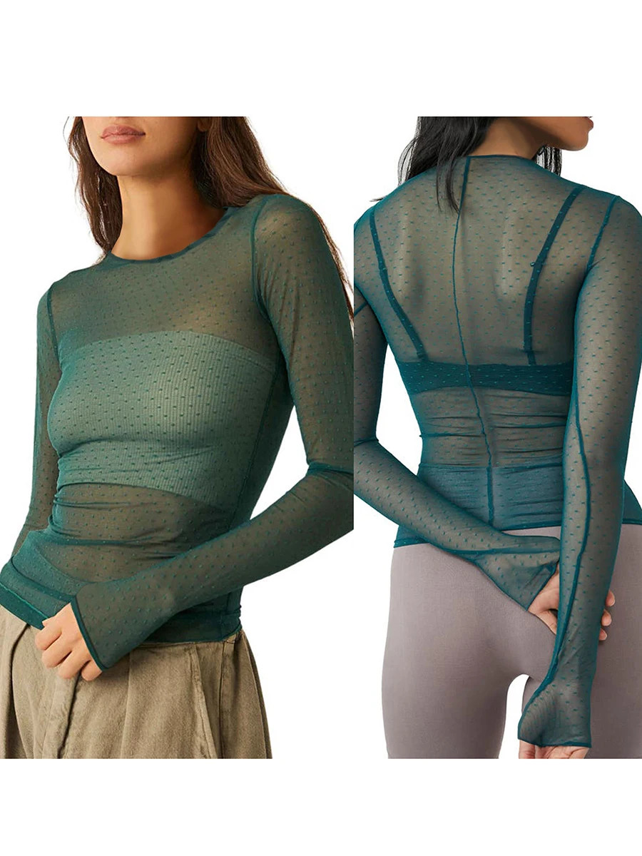 Women Long Sleeve T-shirt Casual Crew Neck Dots See-through Slim Fit Sheer Tops