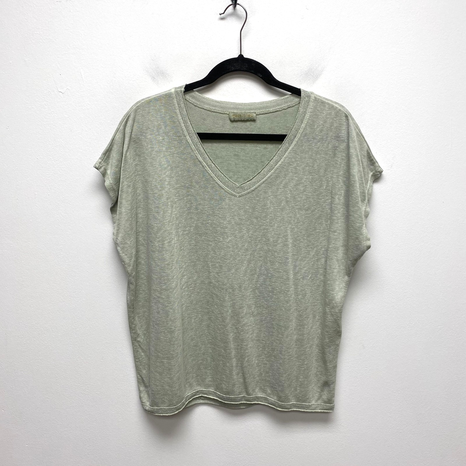 Made In Italy Women Green Cotton Knit Silver Fiber V Neck Cap Sleeve Blouse L/XL