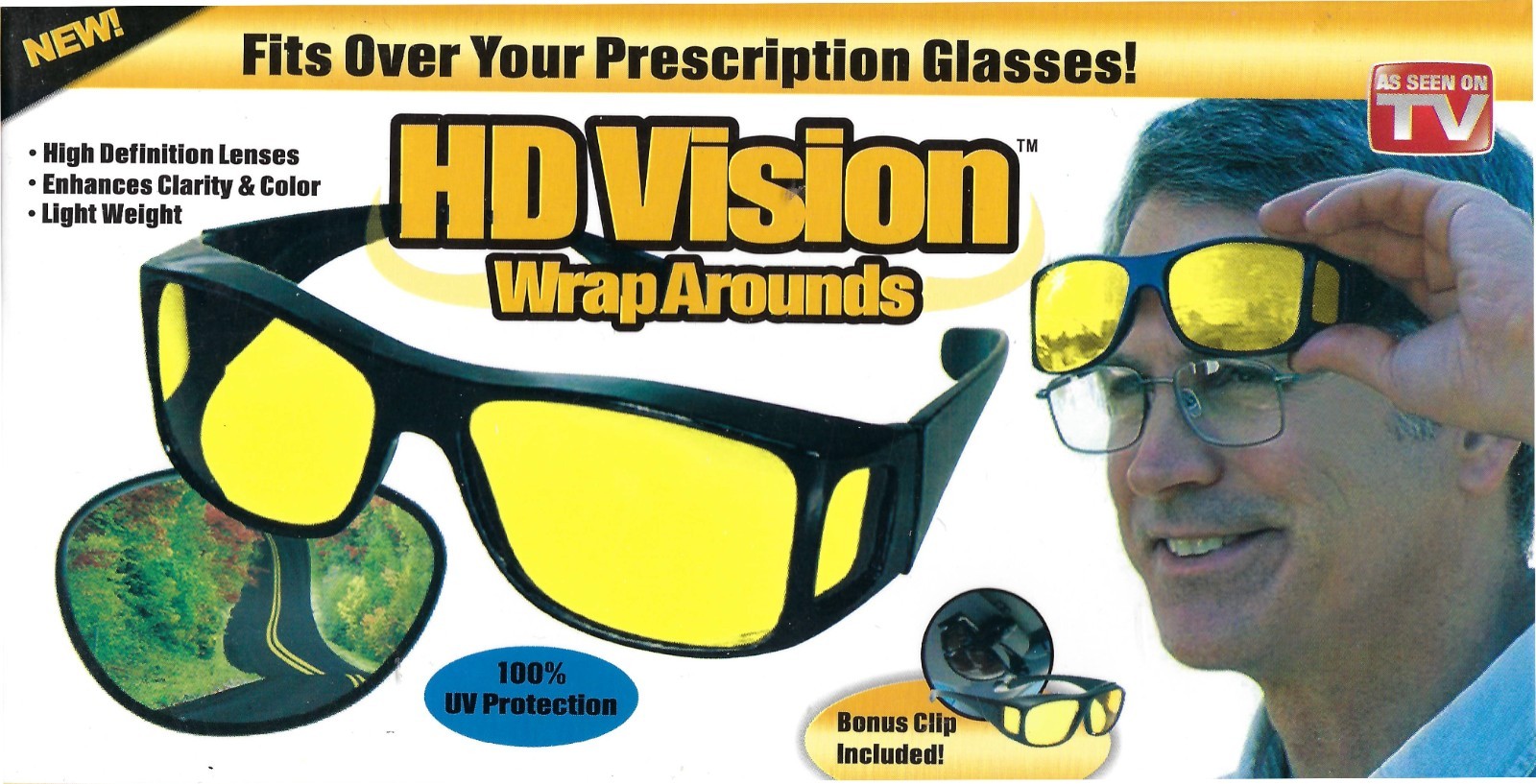 2 Pair set HD Night Vision Wraparound Fits OVER Glasses Sunglasses As Seen on TV