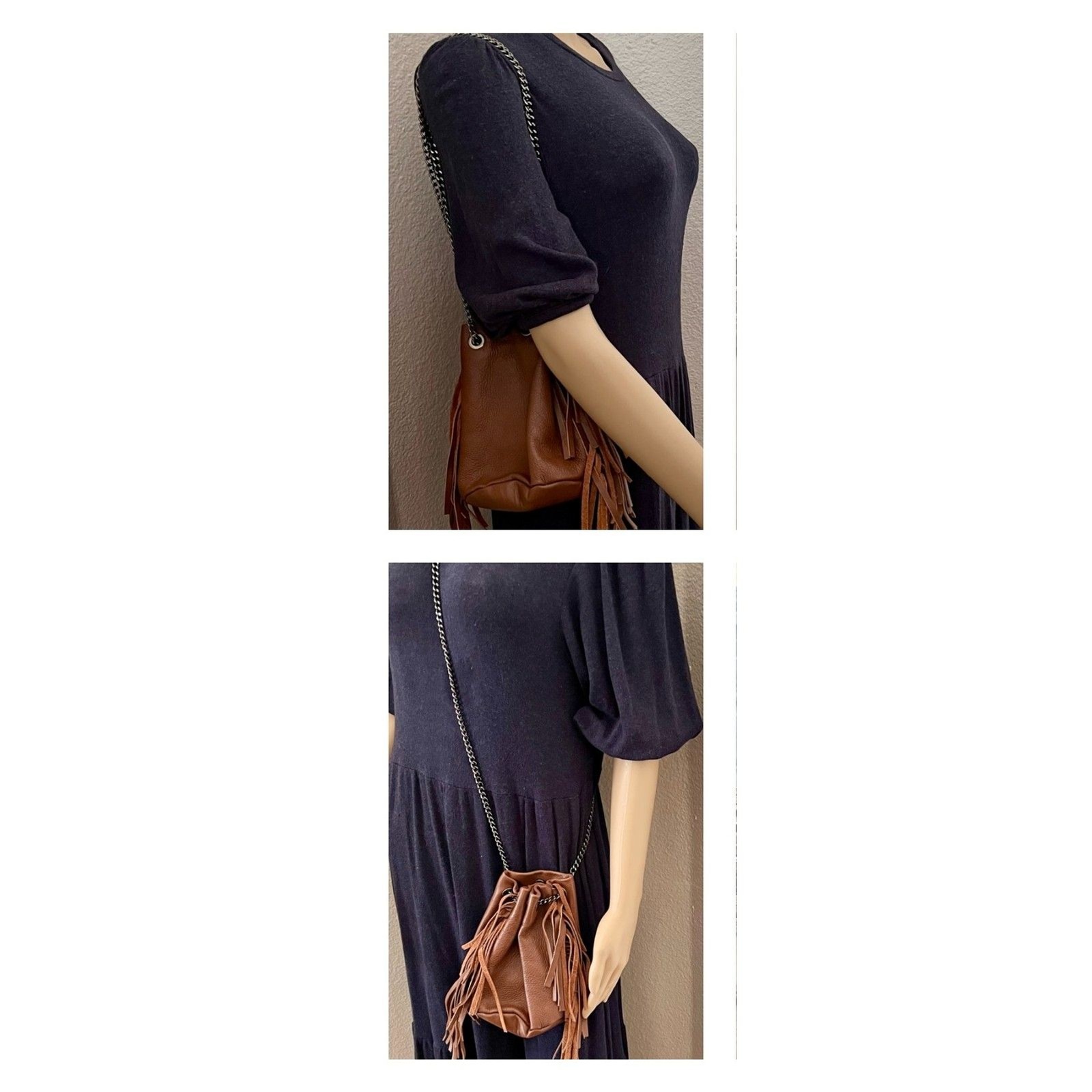 NWOT Made in Italy Brown Mini Bucket Fringed Bag Metal Chain Strap Snap Closure