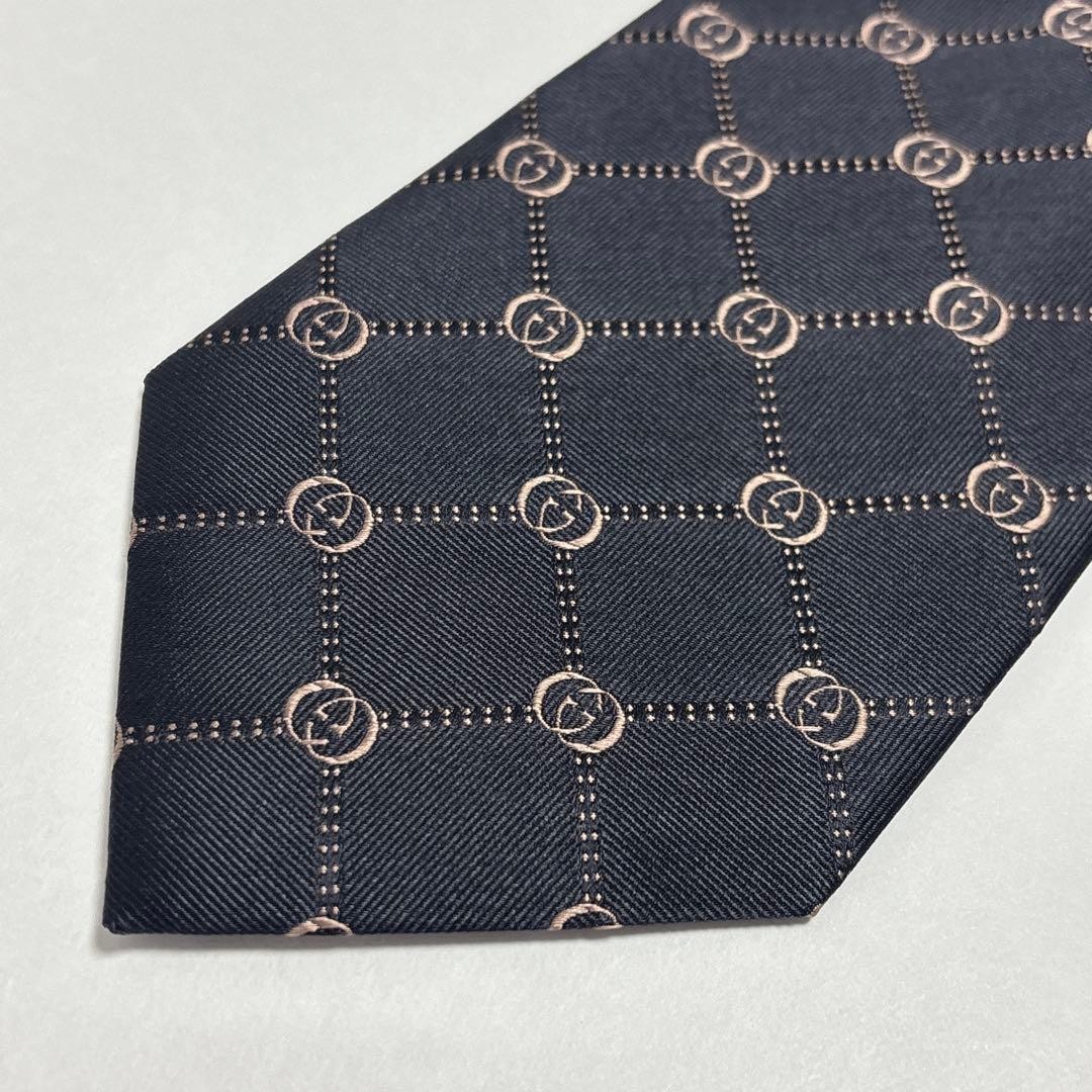 GUCCI Silk Tie 9.7cm GG Logo Embroidered Interlocking Check Black Brown
