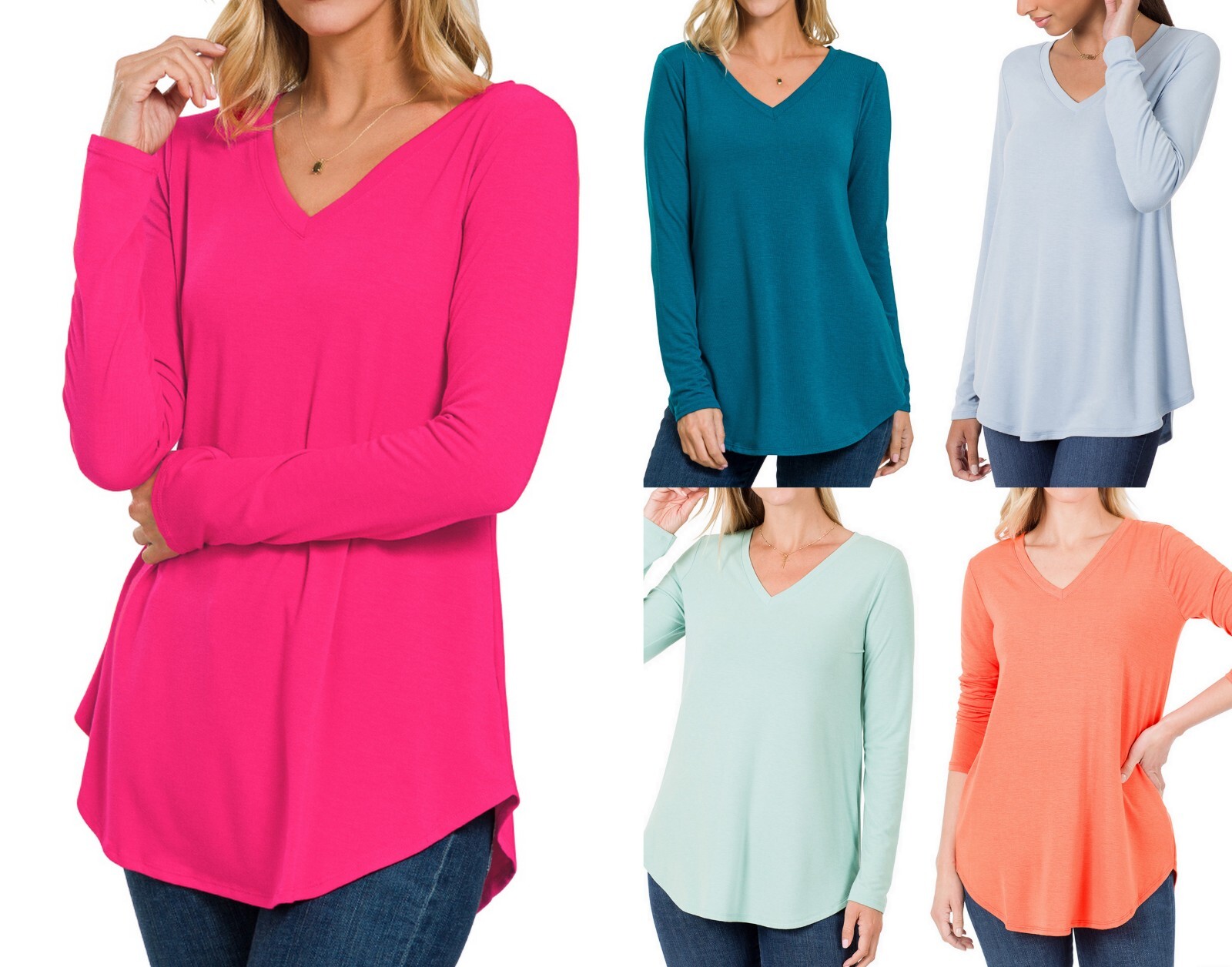 V-Neck / Round Neck Long Sleeve T Shirt Round Hem Soft Rayon Relaxed Fit Top