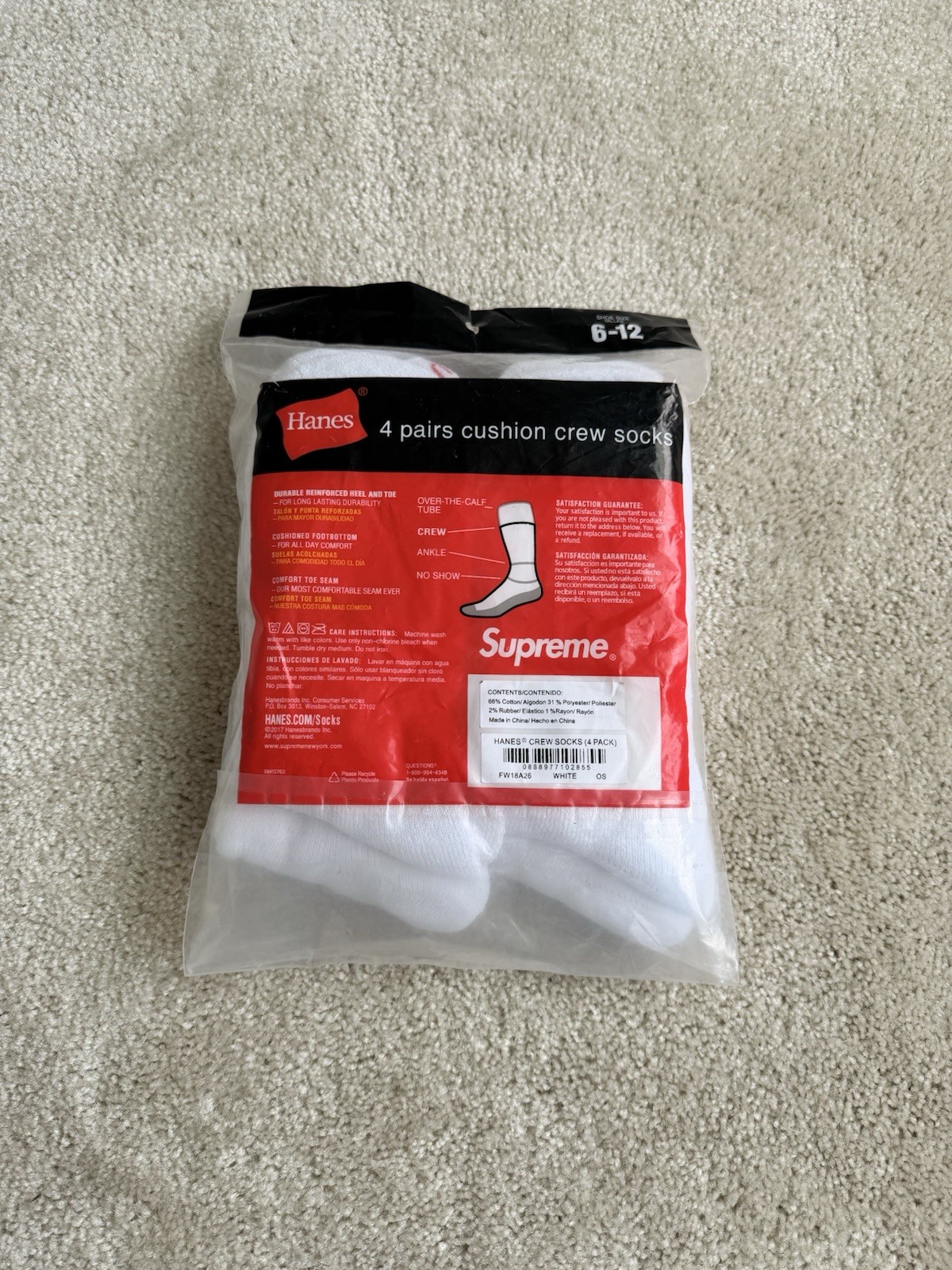 Hanes Supreme Cushioned Crew Socks 4 Pairs White Logo Pattern Size 6-12