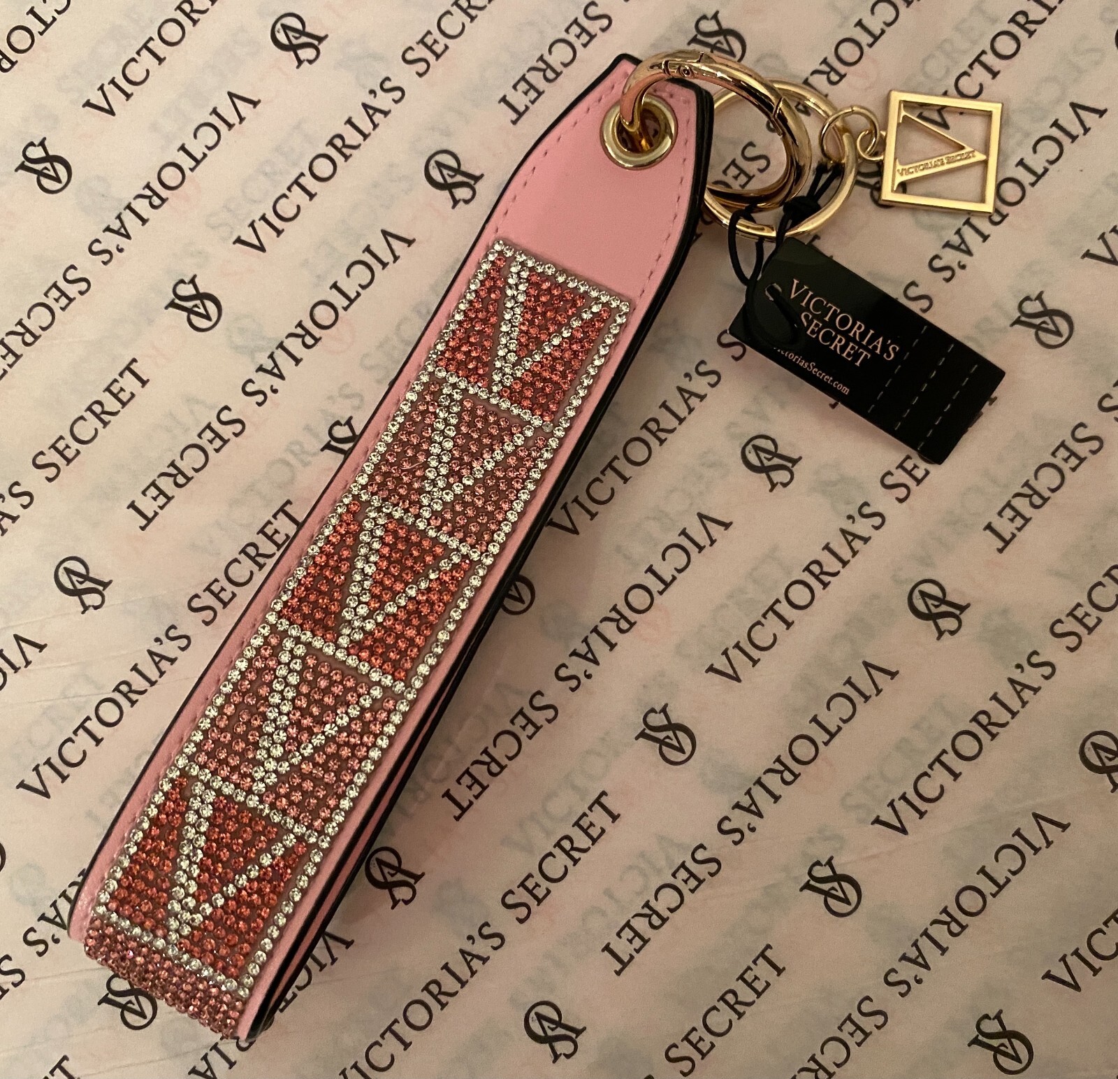NWT Victoria’s Secret Rhinestone Keychain Wristlet Strap colorblock Pink V logo