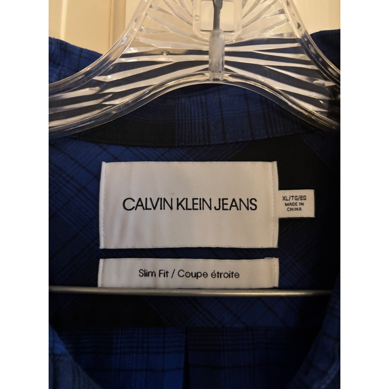 Calvin Klein Jeans Mens XL Slim Fit Blue Black Plaid Flannel Button Down Shirt