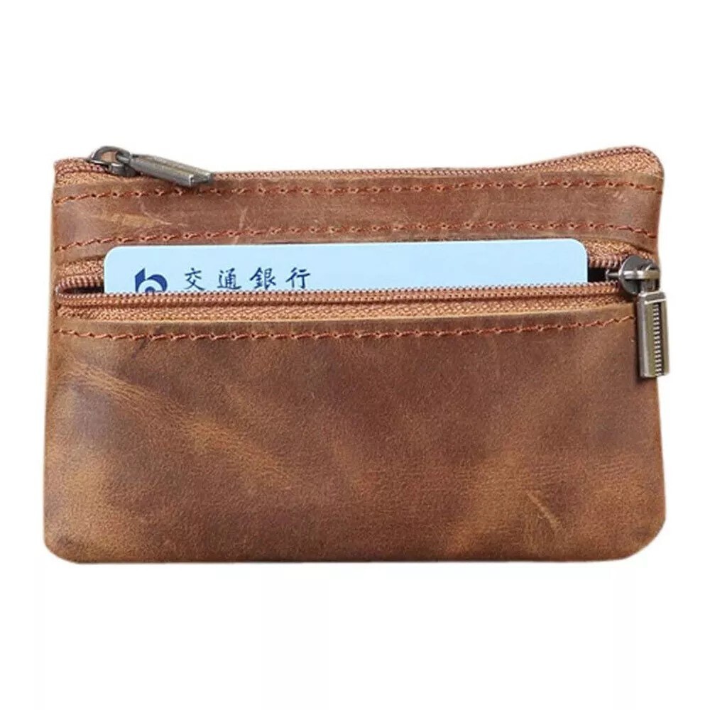 Brown Genuine Leather Small Coin Holder Change Purse Zipper Key Card Wallet
