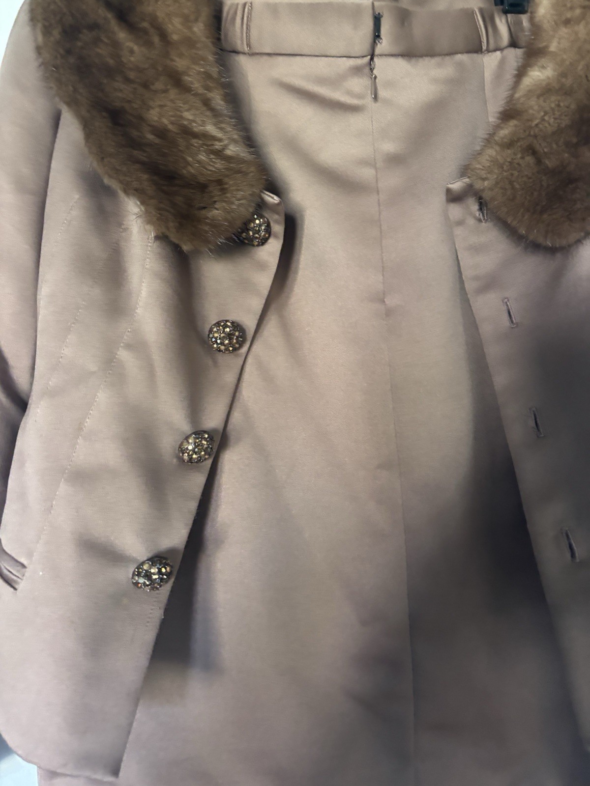 Nathalie by Victor Costa Brown 2pc Skirt Suit Fur Collar Shawl Lapel 14