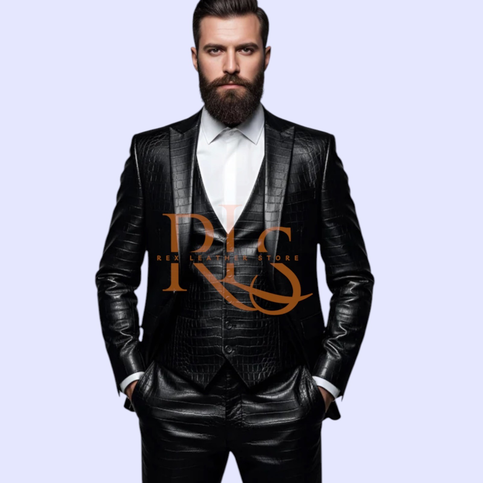 Men’s 3 Piece Black Crocodile Print Leather Set Of Pant, Vest & Coat Causal Set