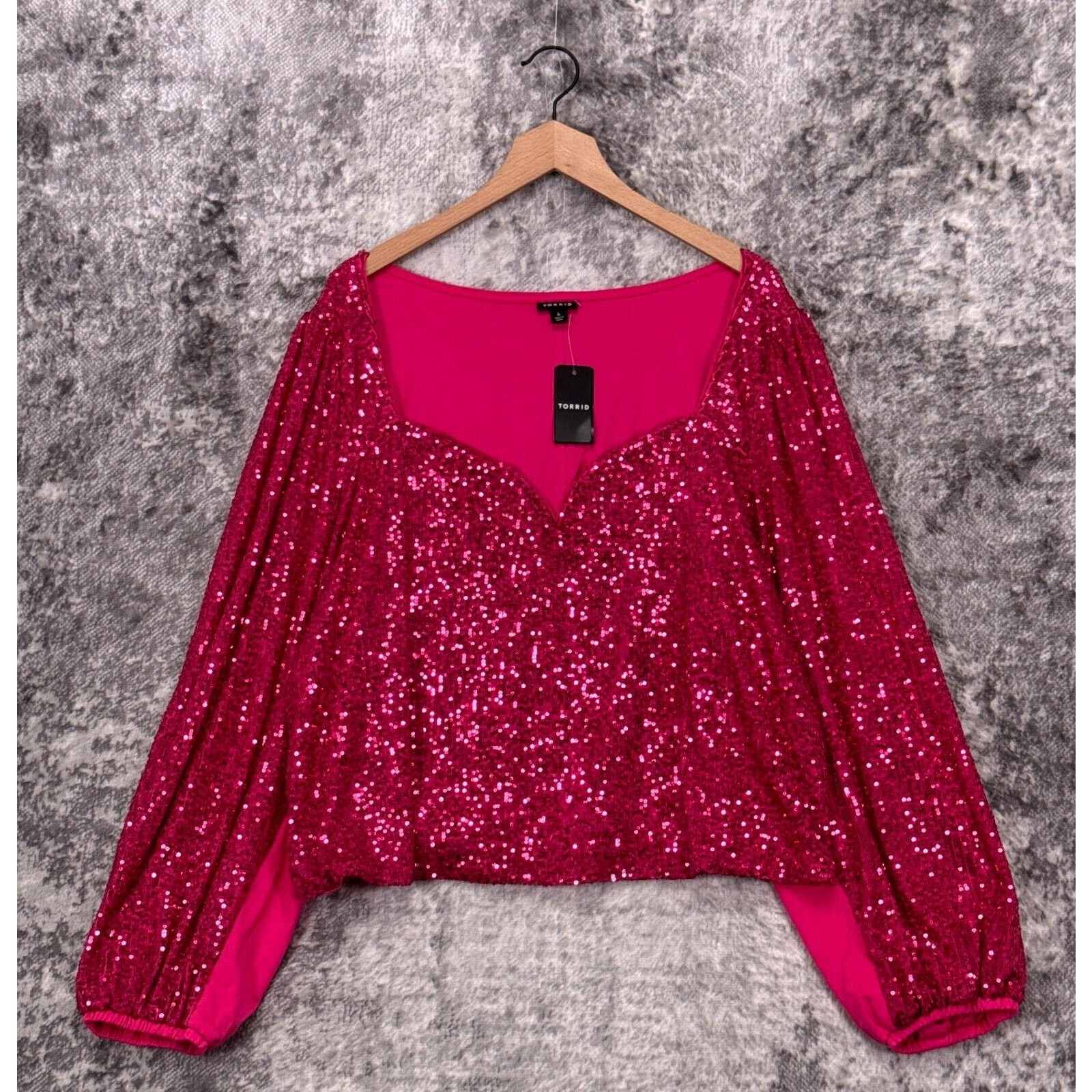 New Torrid Top 4X Womens Pink Sequin Low Cut Long Sleeve Plus Size