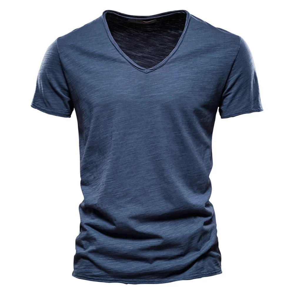Men’s 100% Cotton V-Neck Slim Fit Solid Color Short Sleeve T-Shirt