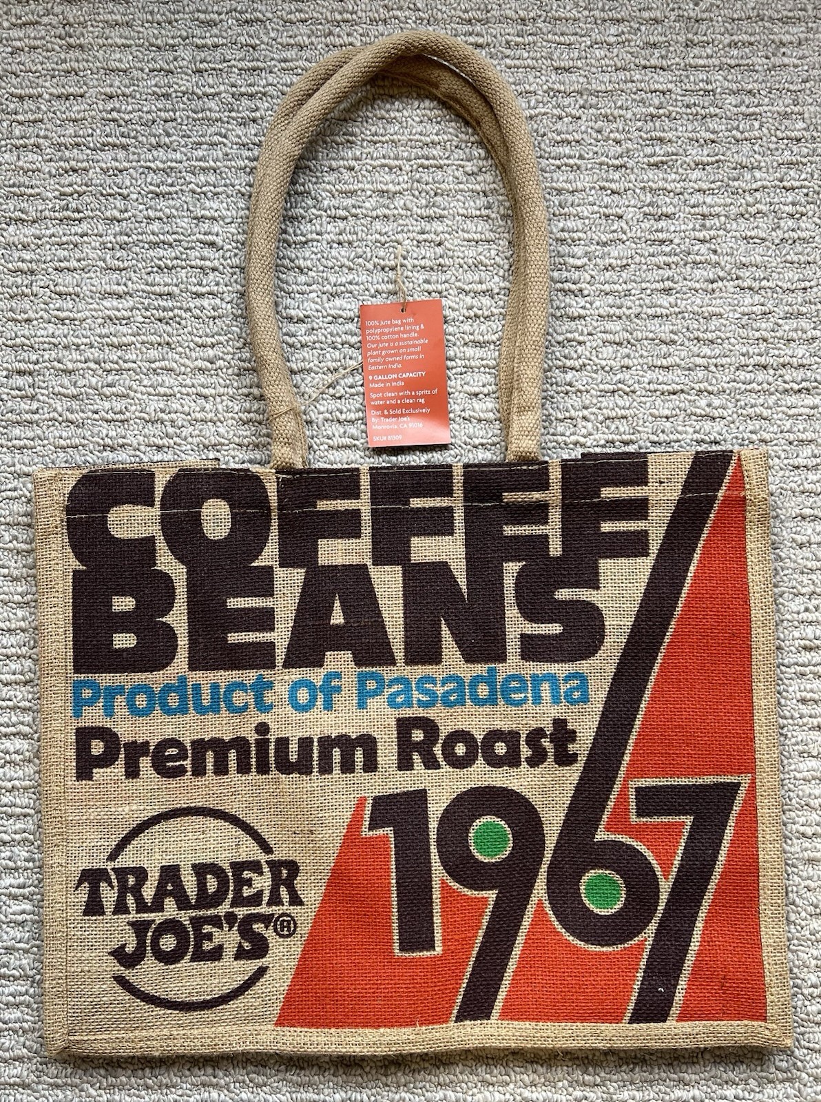 TraderJoe’s Limited Edition 17″ Coffee Beans 1967 Brown Burlap Tote Bag