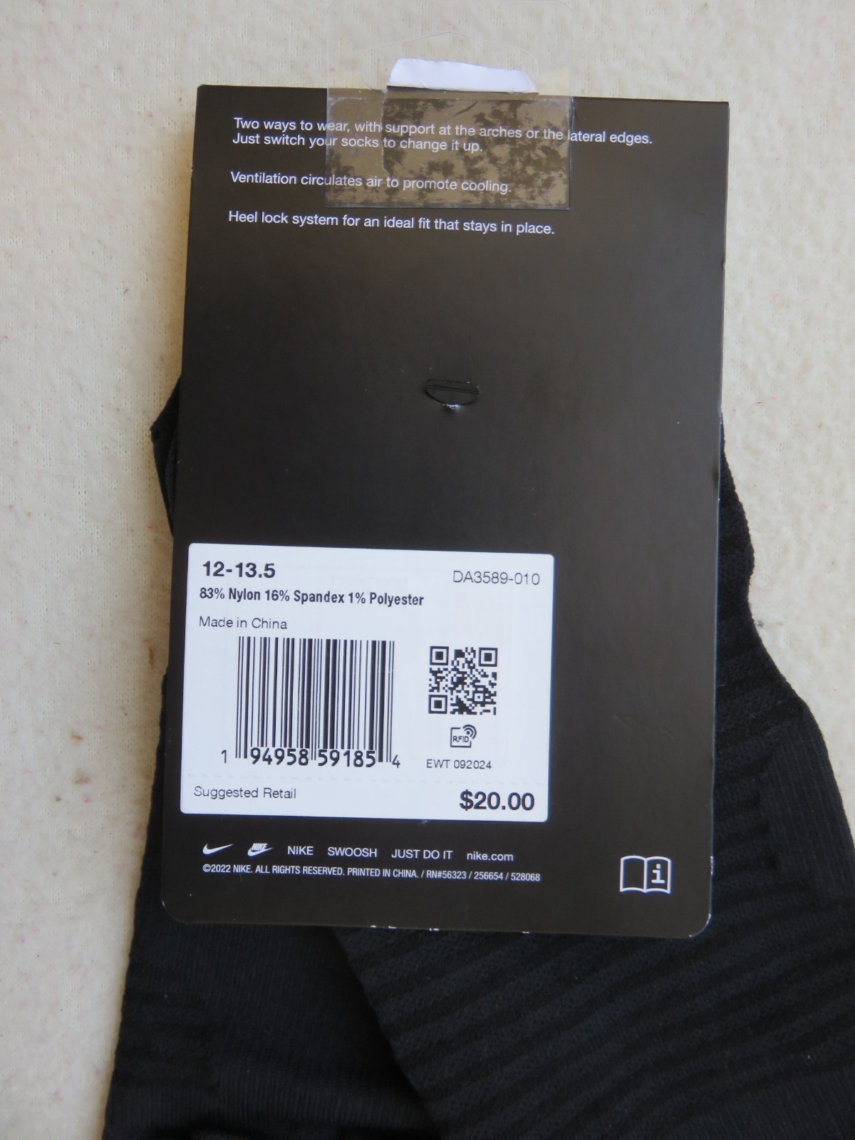 NWT 1 Pair Men’s Nike Spark “Running” Dri-Fit No Show Socks, Size 12-13.5