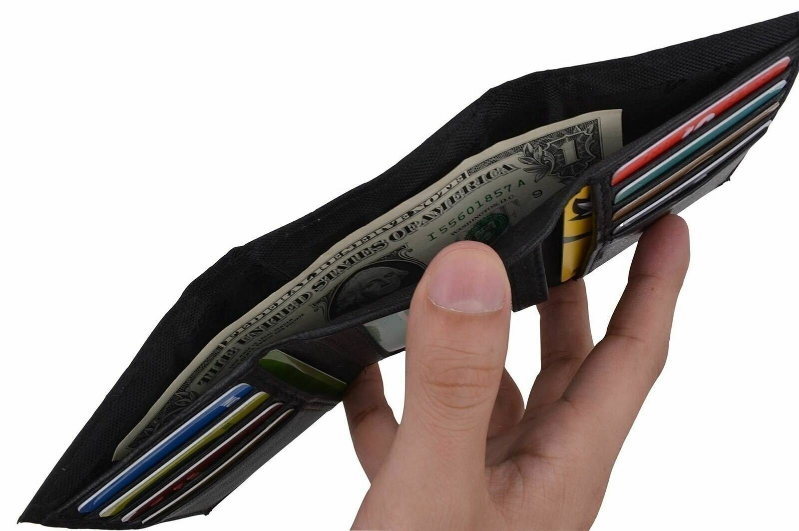 Men’s Nylon Black Classic Trifold Credit Card ID Wallet with Leather Interior