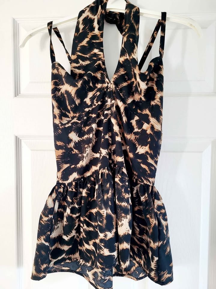 NWT Walter Baker Animal Print Halter Top Blouse Brown Leopard Sleeveless S