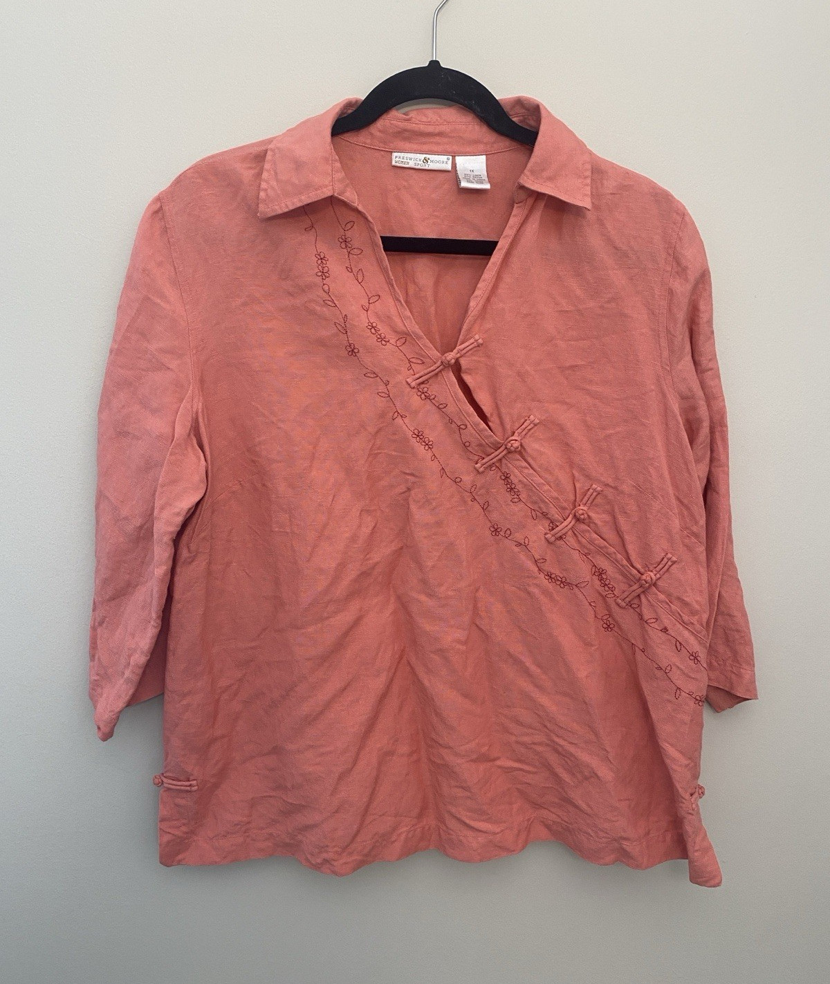 Preswick & Moore Pink Embroidered Linen Rayon Collared 3/4 Sleeve Blouse 1X